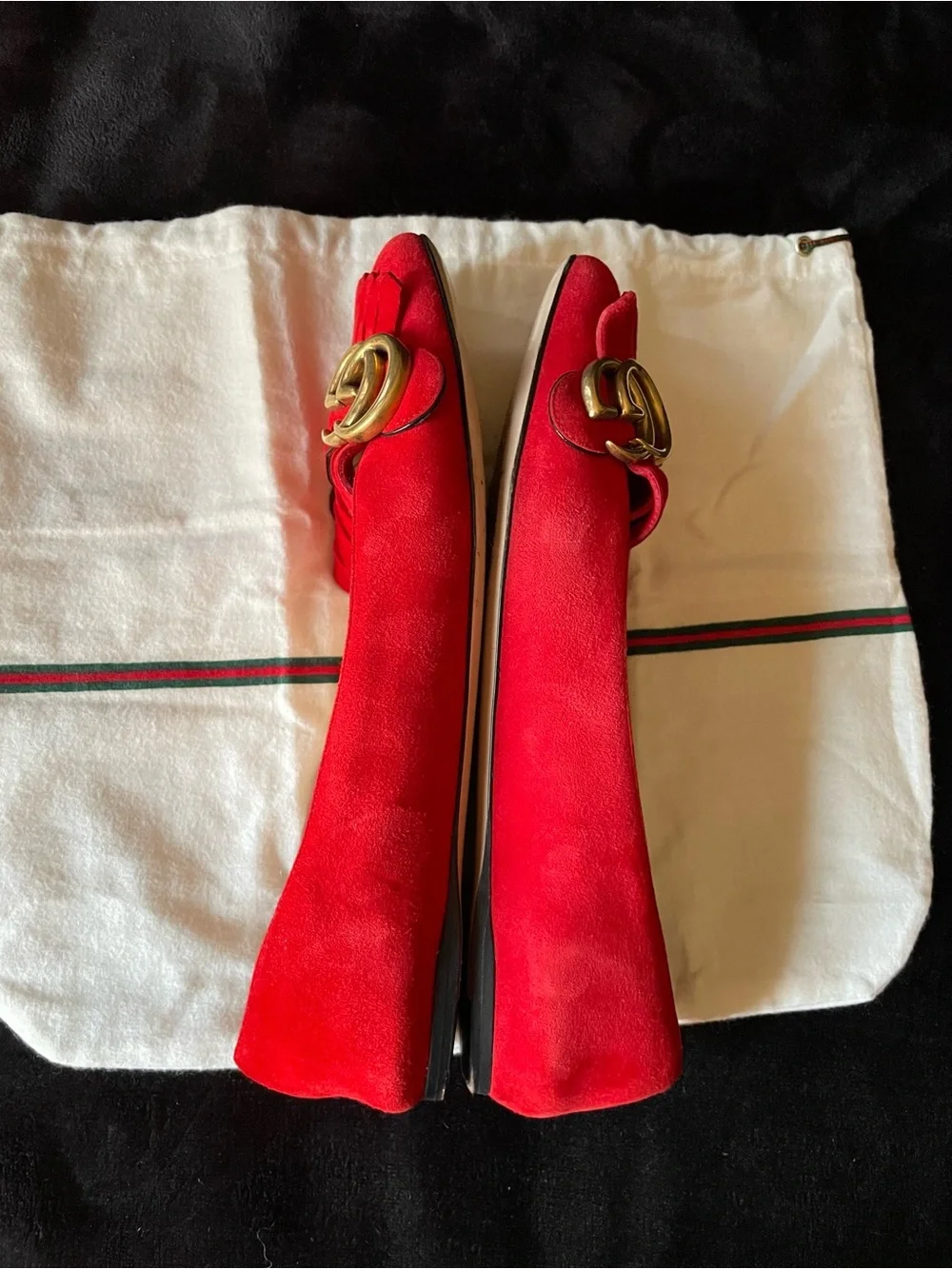 Authentic Gucci Red Suede Fringe GG Loafers for Women